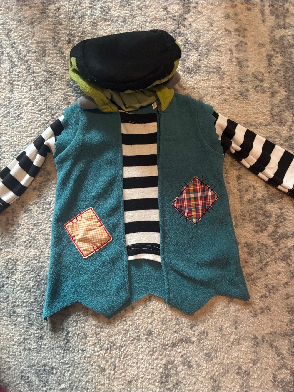 Pottery Barn Teal Vest with Black & White Striped Shirt and Lime Hood